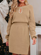 Pearl Embellished Keyhole Ribbed Sweater Dress.