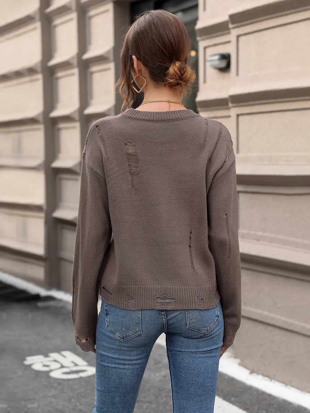 Perfee Cutout Round Neck Long Sleeve Sweater.