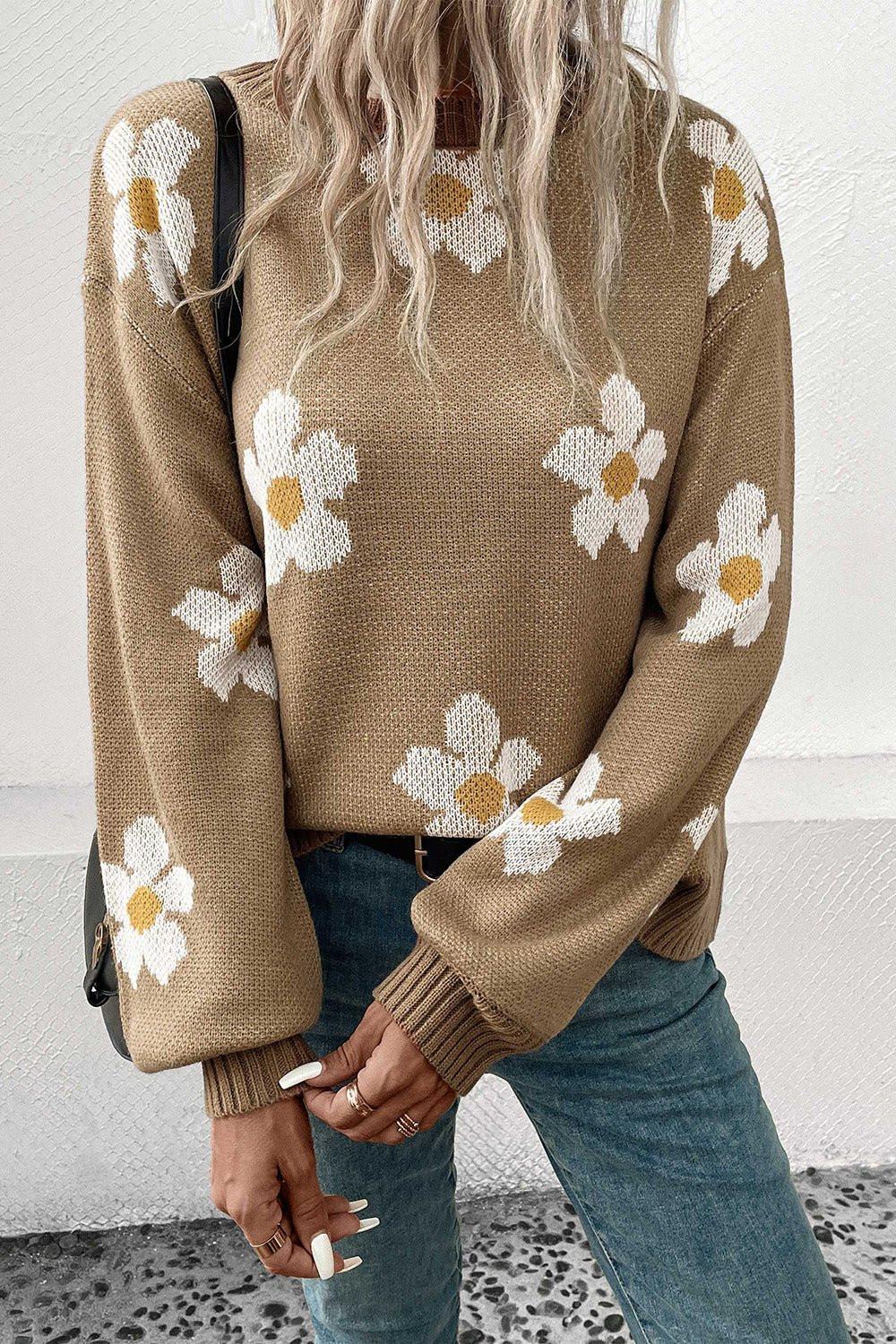 Perfee Floral Dropped Shoulder Sweater.