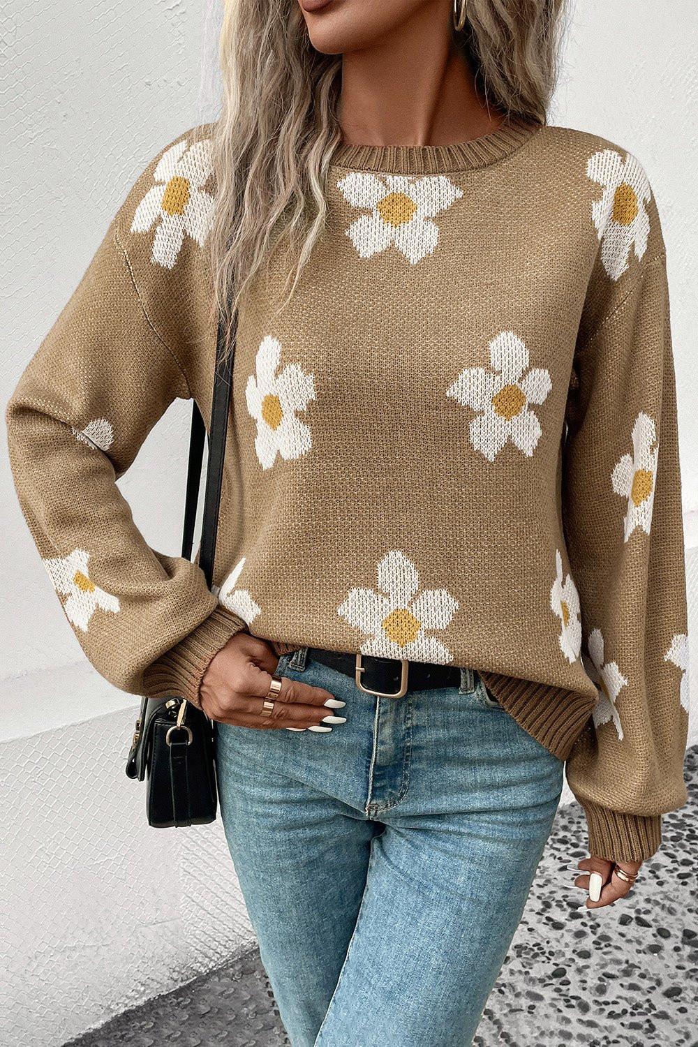Perfee Floral Dropped Shoulder Sweater.