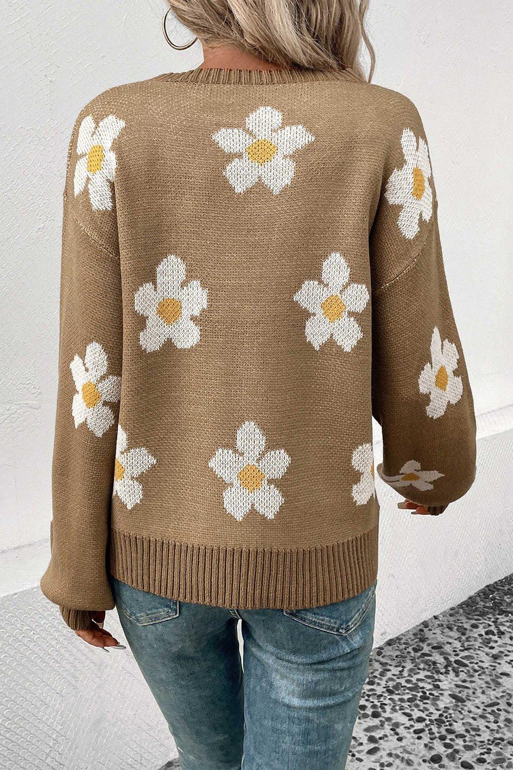Perfee Floral Dropped Shoulder Sweater.