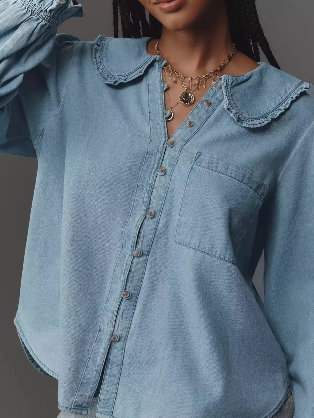 Peter Pan Collar Ruffled Denim Shirt.