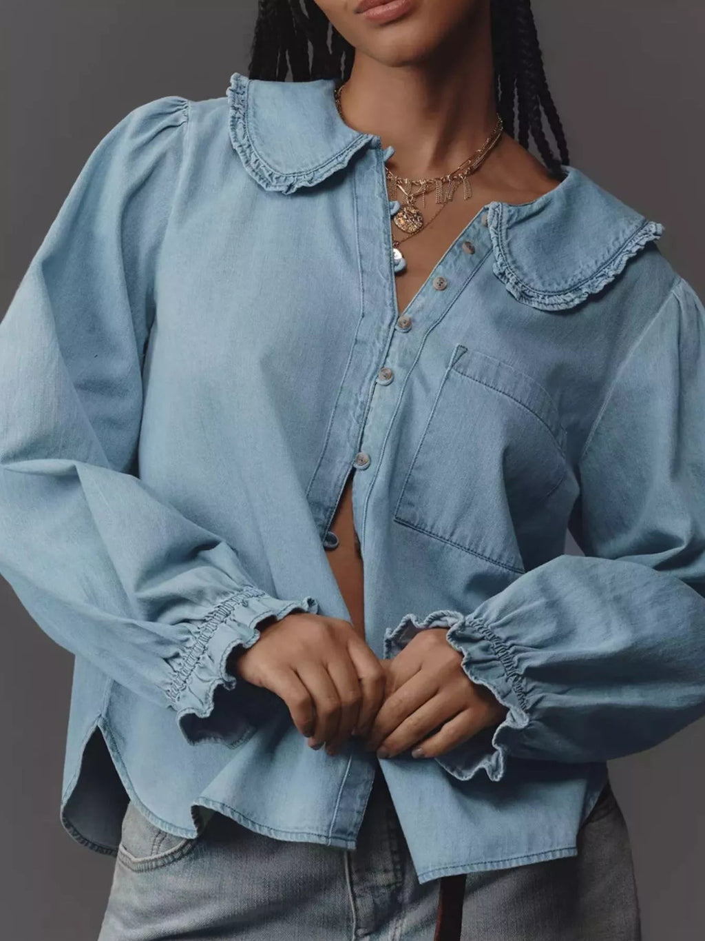 Peter Pan Collar Ruffled Denim Shirt.