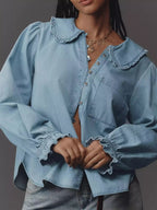 Peter Pan Collar Ruffled Denim Shirt.