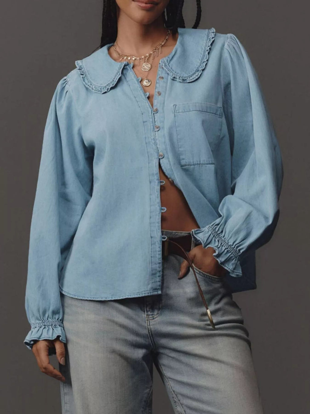 Peter Pan Collar Ruffled Denim Shirt.