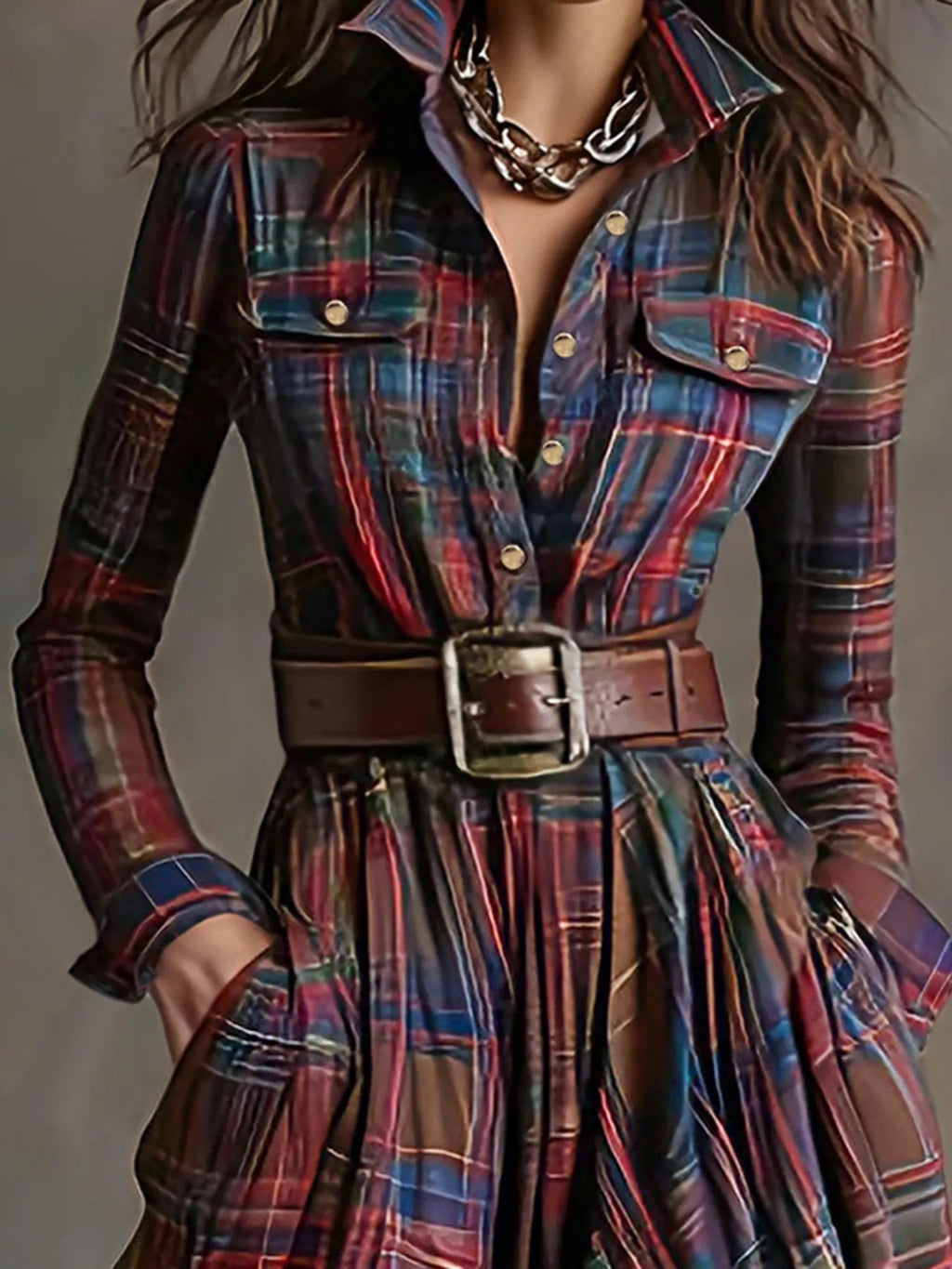 Plaid Button Front Maxi Shirt Dress.
