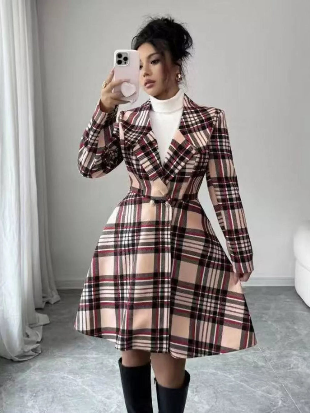 Plaid Button Up Long Sleeve Coat.