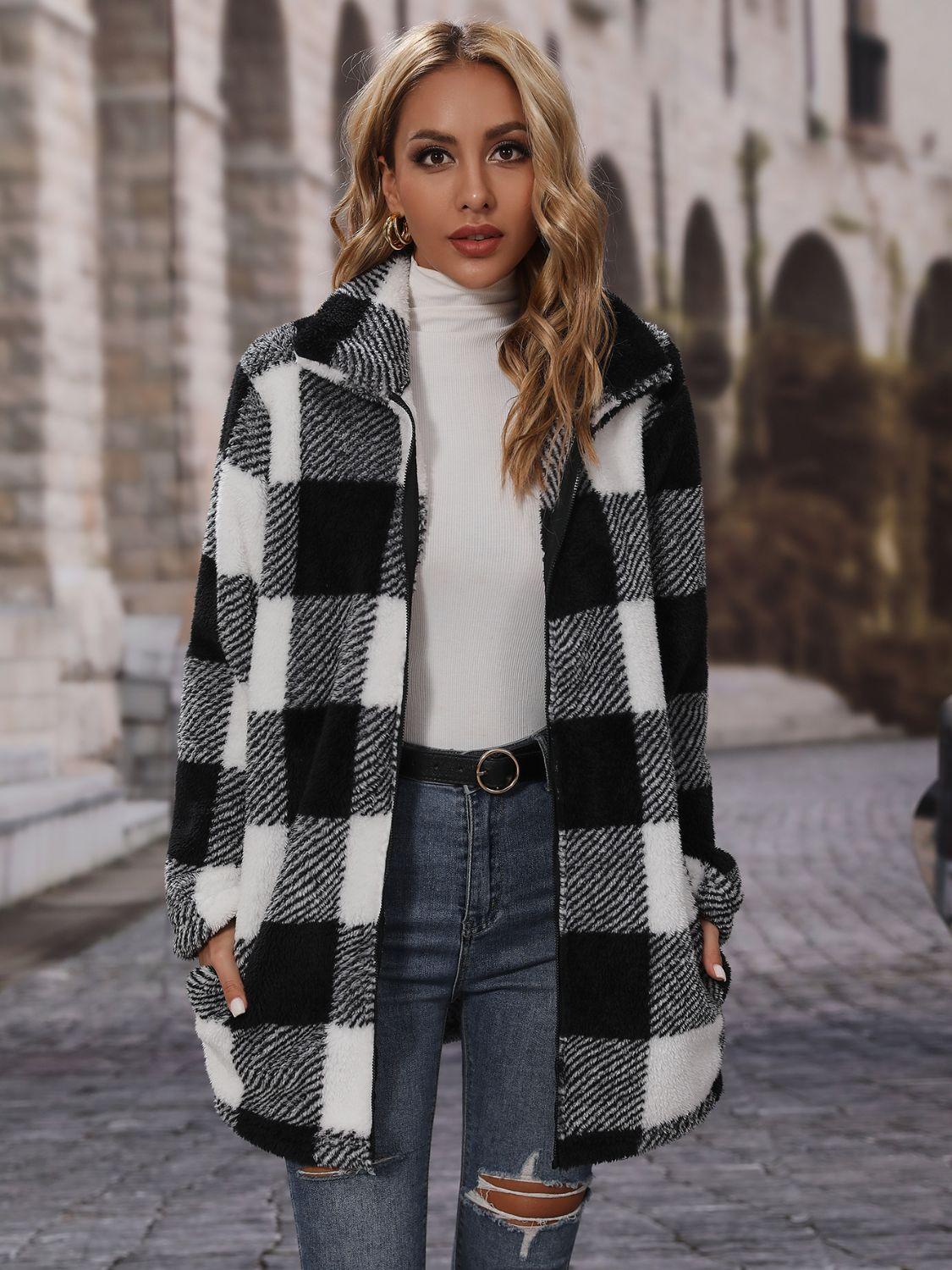 Plaid Collared Neck Coat with Pockets.