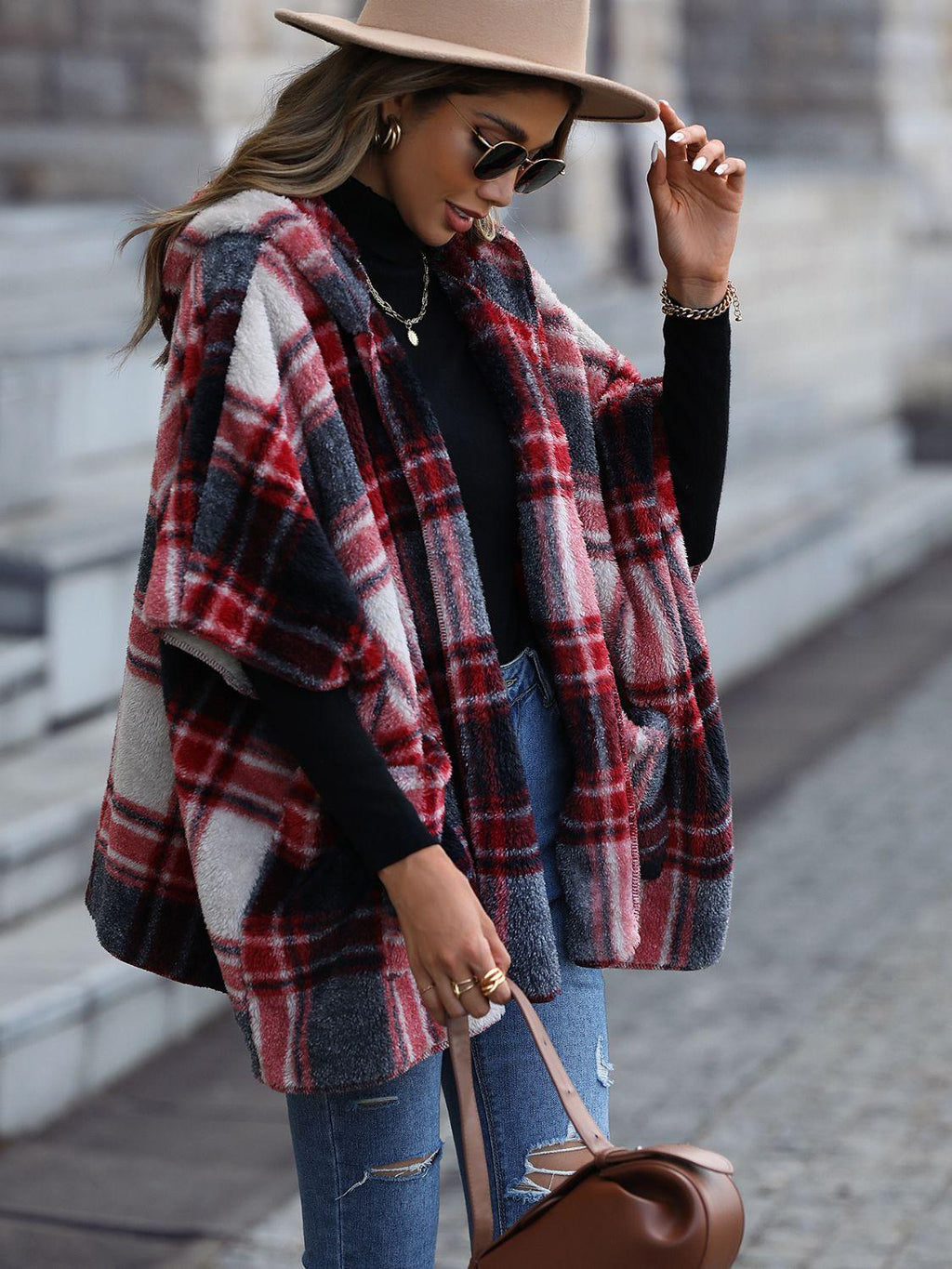 Plaid Hooded Coat with Pockets.