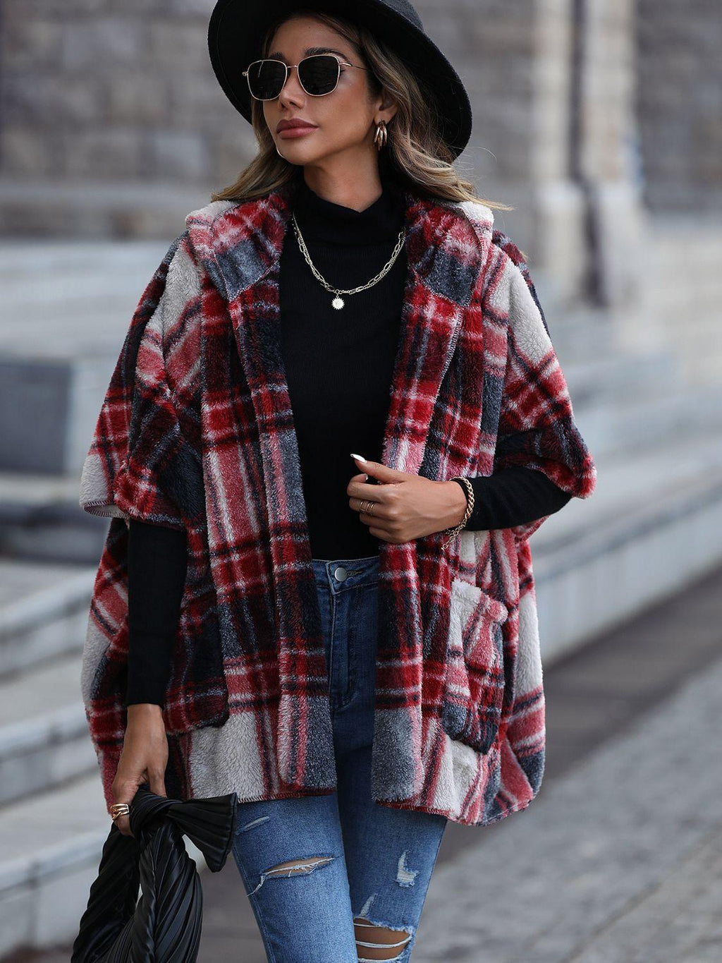 Plaid Hooded Coat with Pockets.