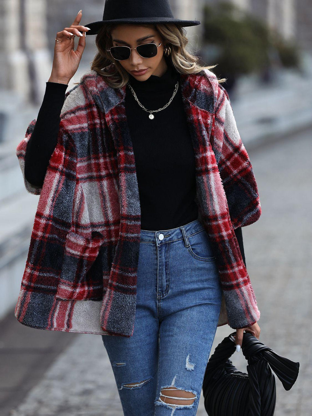Plaid Hooded Coat with Pockets.