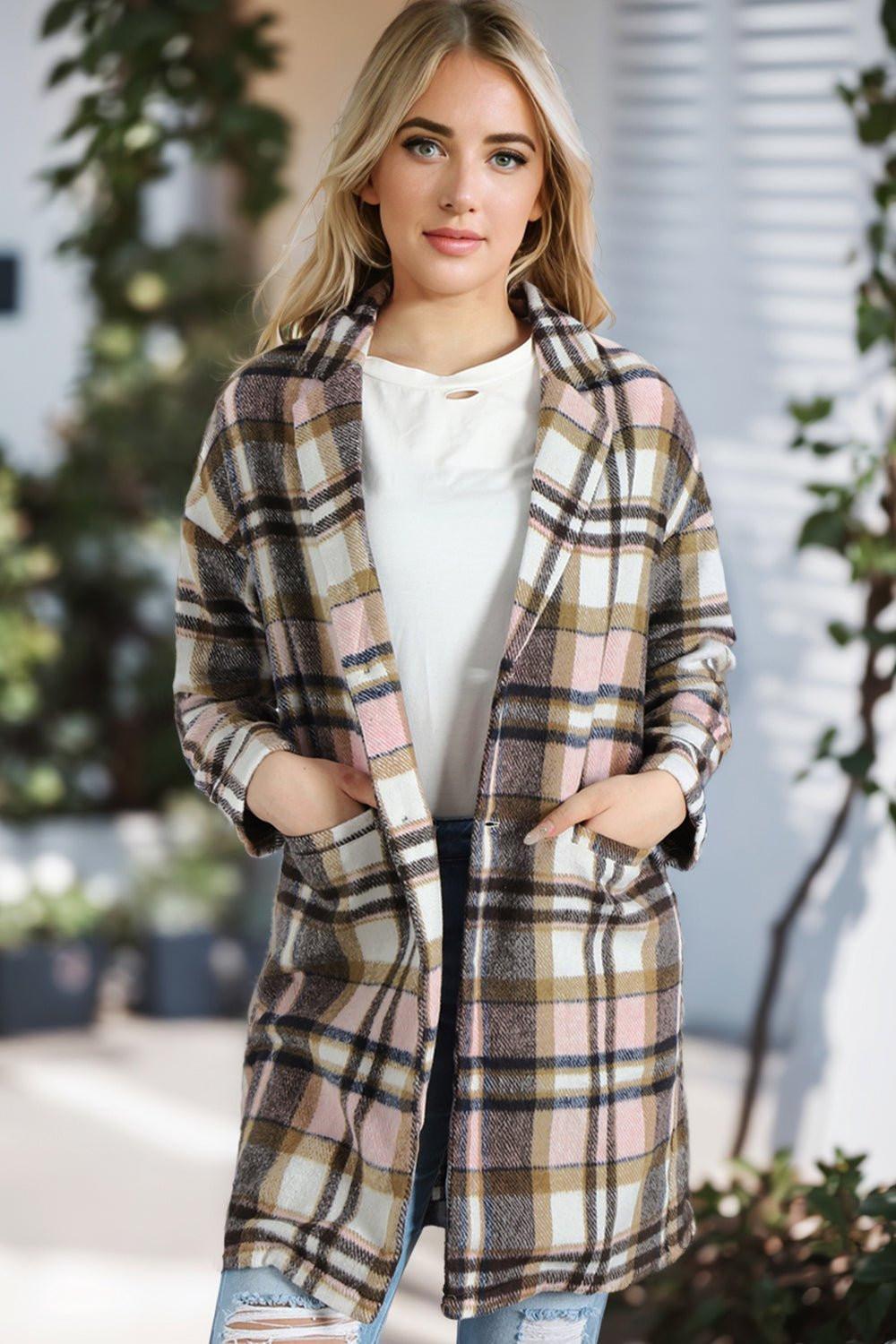 Plaid Longline Jacket with Pockets.