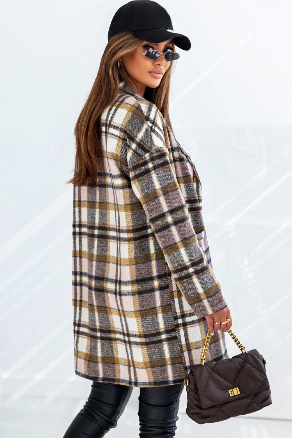 Plaid Longline Jacket with Pockets.