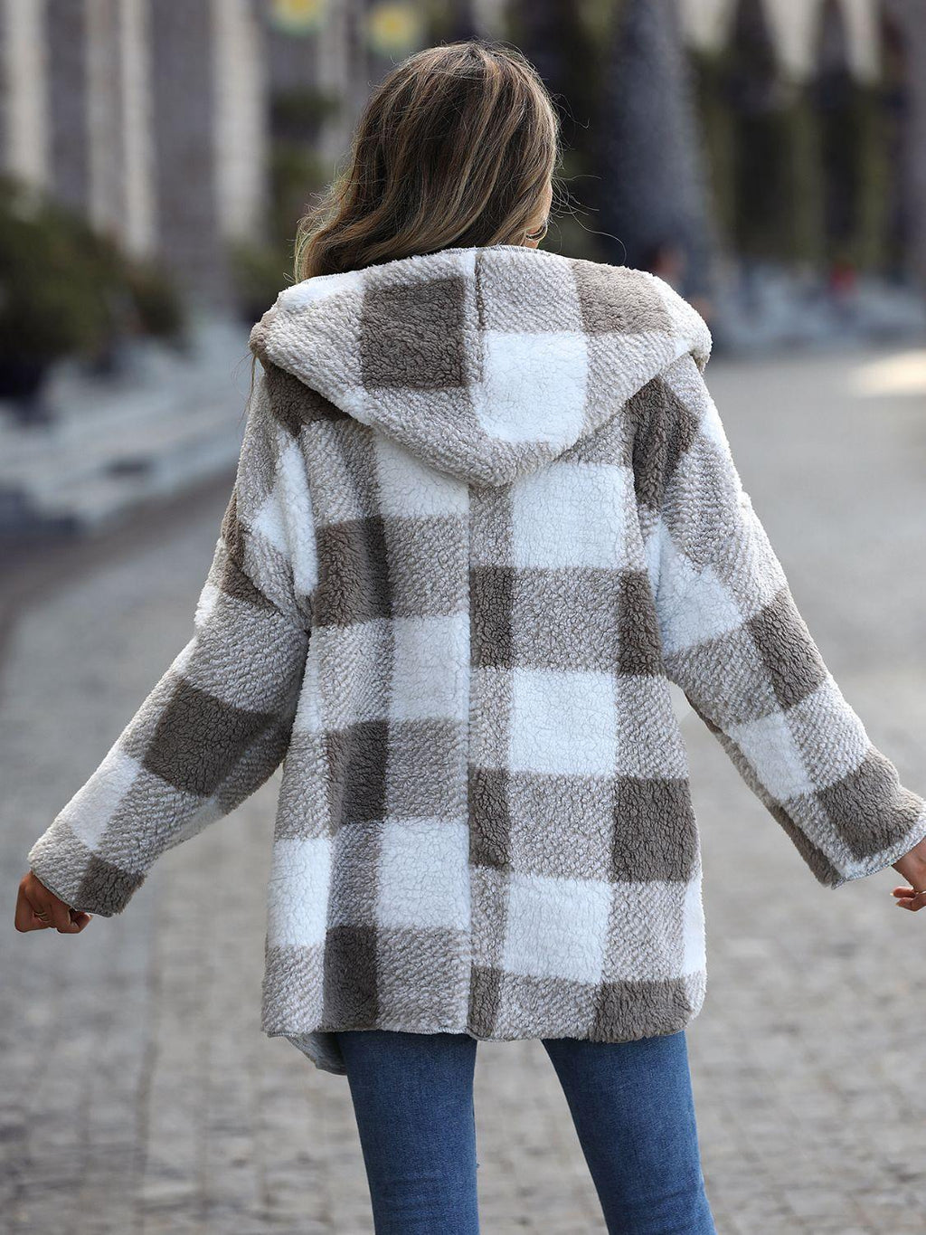 Plaid Open Front Hooded Coat.