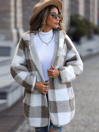 Plaid Open Front Hooded Coat.