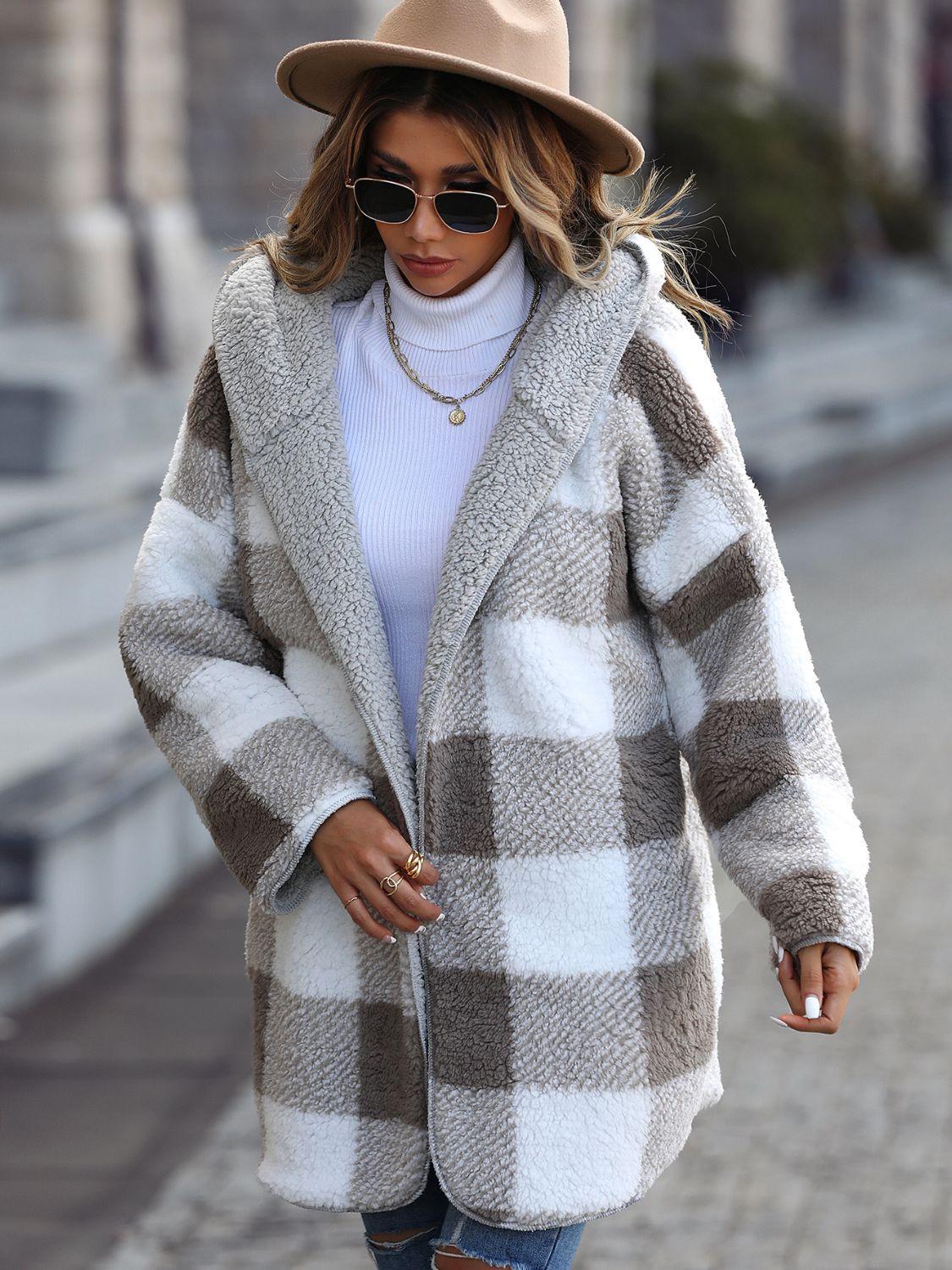 Plaid Open Front Hooded Coat.