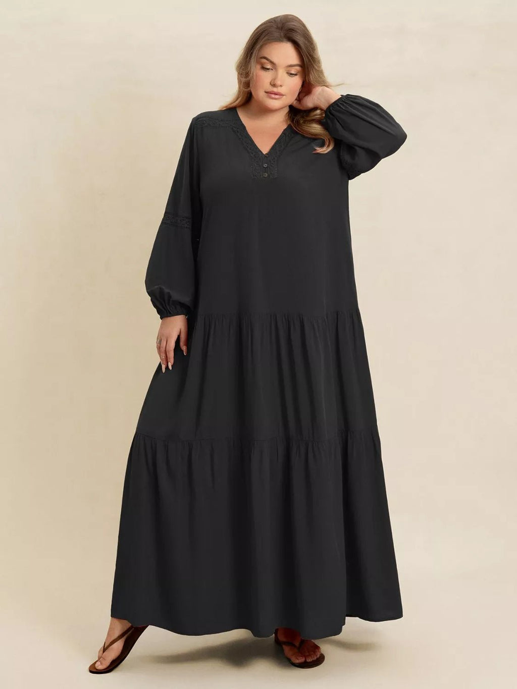 Plus Size Bohemian Tiered Maxi Dress with Balloon Sleeves.