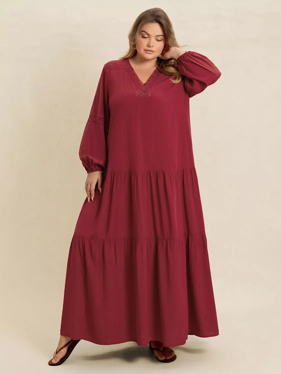 Plus Size Bohemian Tiered Maxi Dress with Balloon Sleeves.