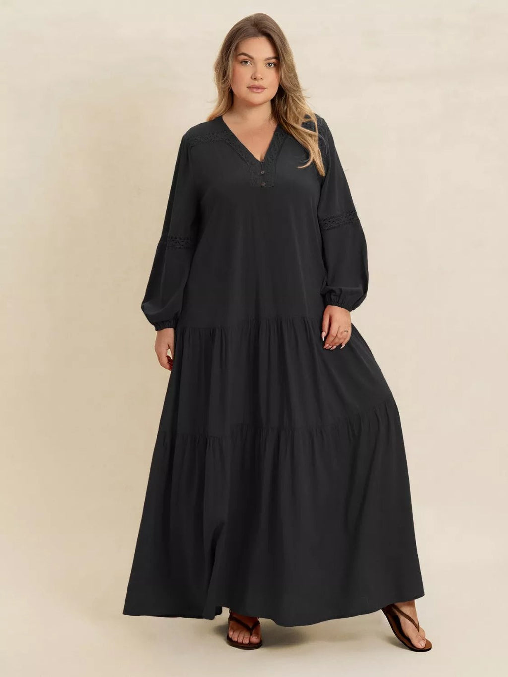 Plus Size Bohemian Tiered Maxi Dress with Balloon Sleeves.