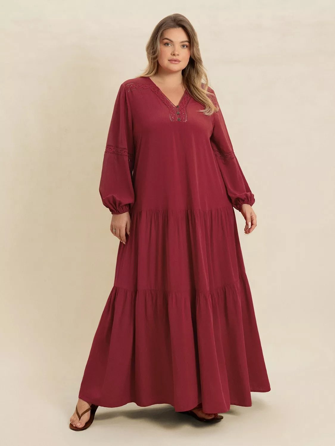 Plus Size Bohemian Tiered Maxi Dress with Balloon Sleeves.