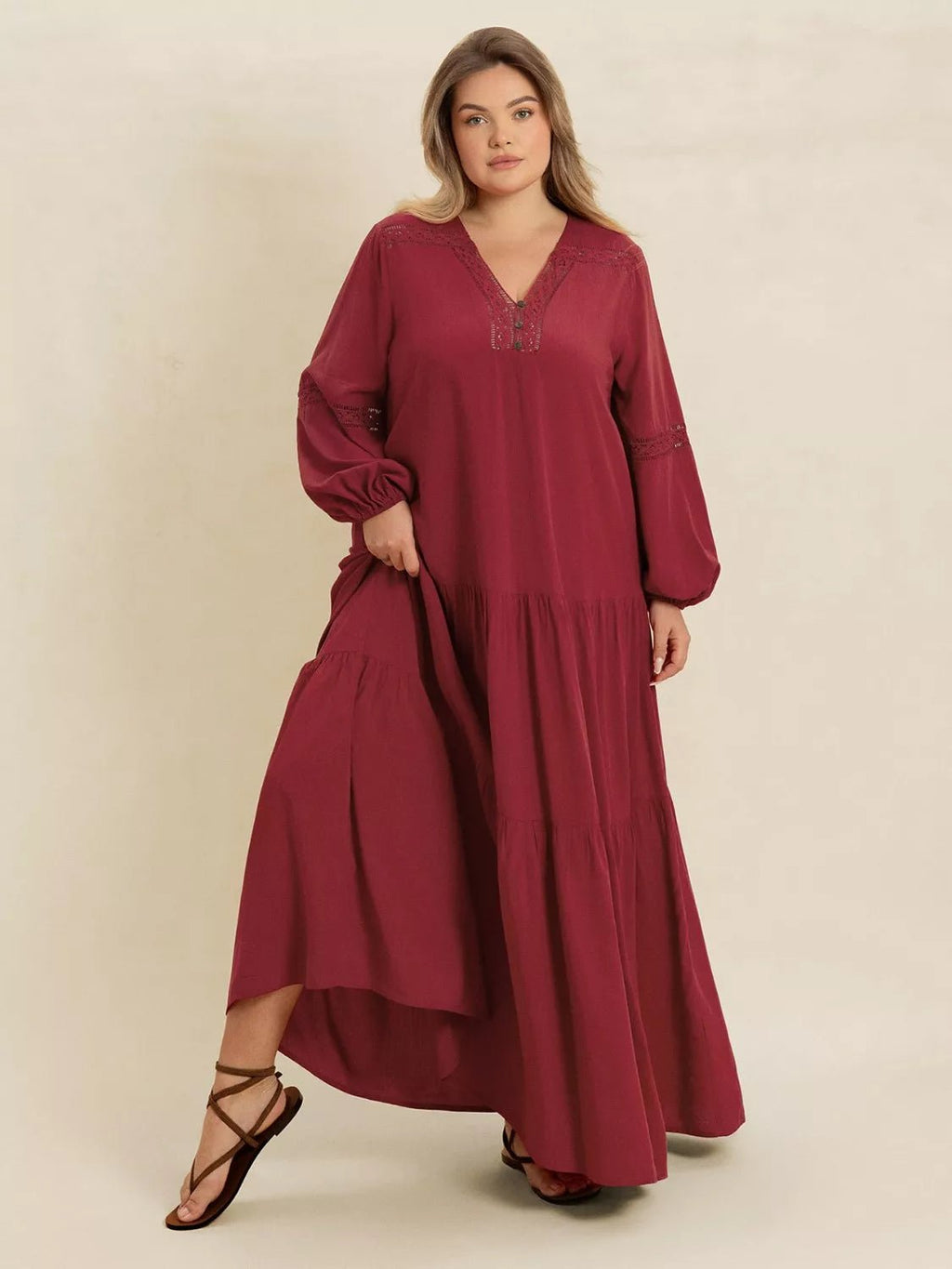 Plus Size Bohemian Tiered Maxi Dress with Balloon Sleeves.