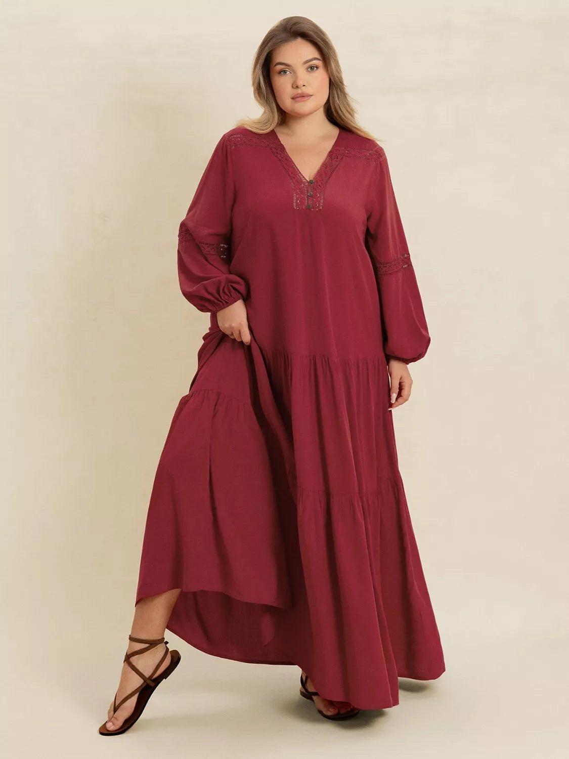 Plus Size Bohemian Tiered Maxi Dress with Balloon Sleeves.
