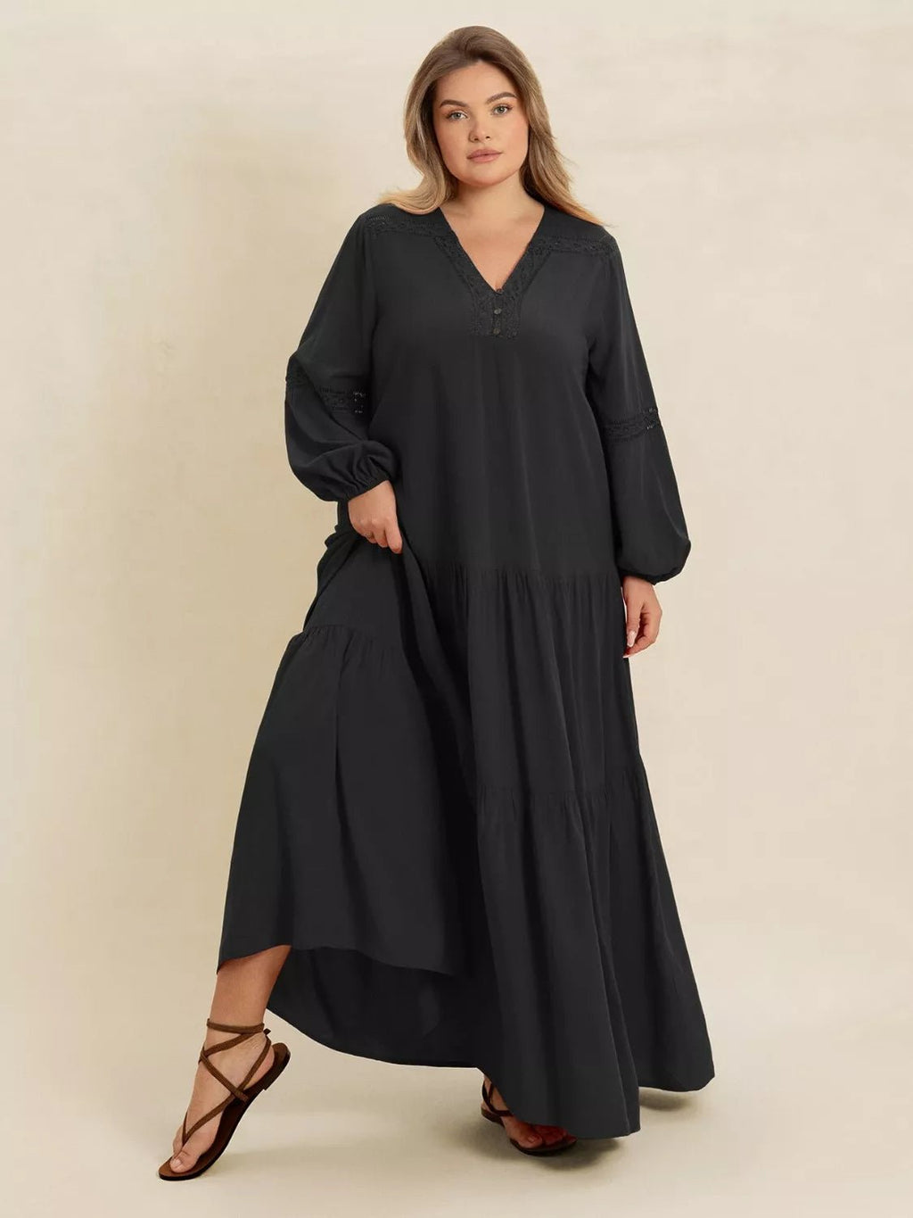 Plus Size Bohemian Tiered Maxi Dress with Balloon Sleeves.