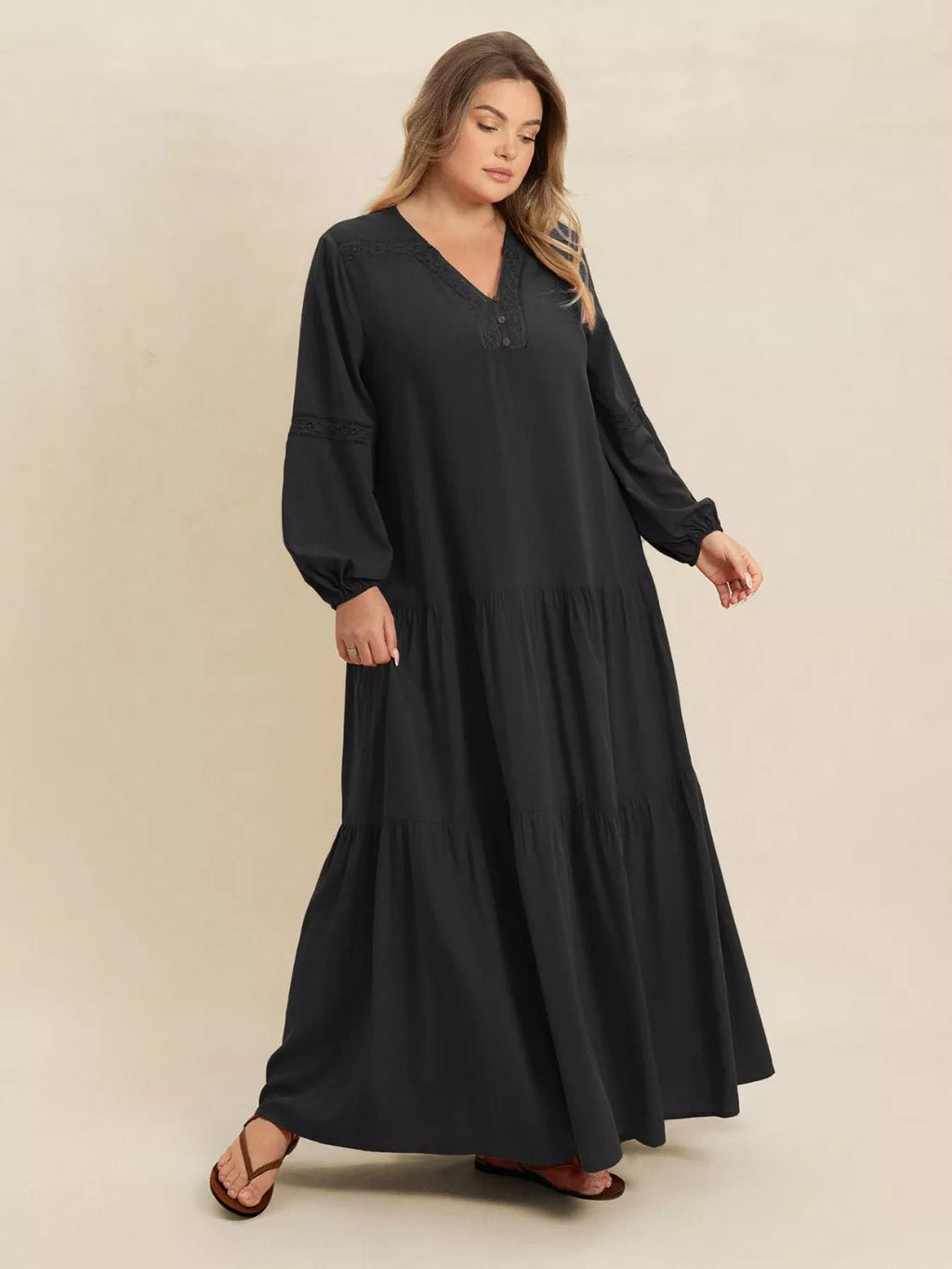 Plus Size Bohemian Tiered Maxi Dress with Balloon Sleeves.