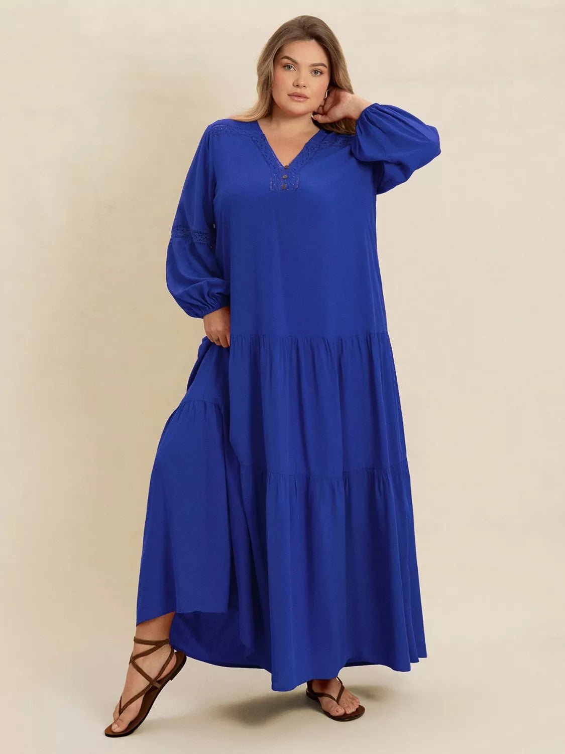Plus Size Bohemian Tiered Maxi Dress with Balloon Sleeves