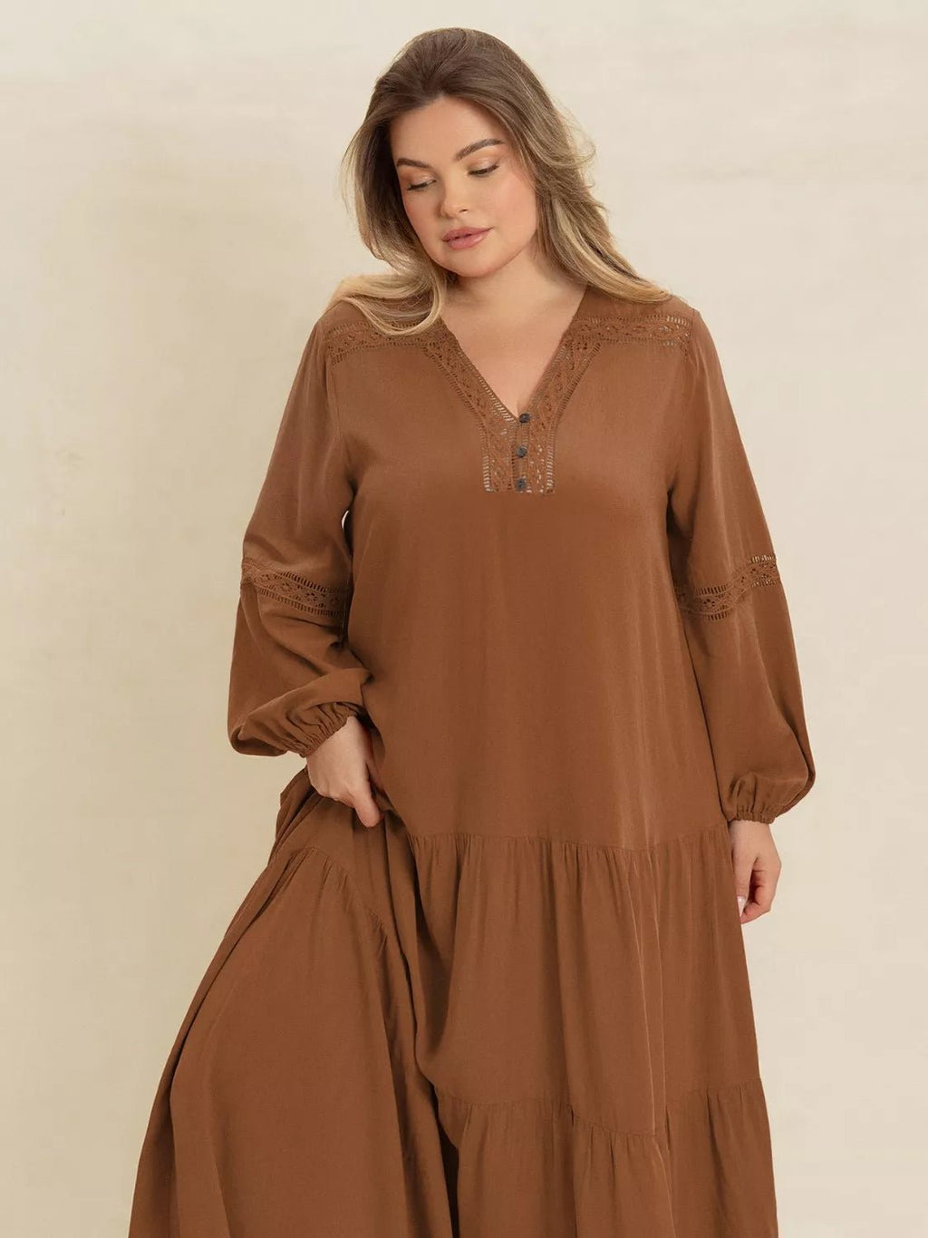 Plus Size Bohemian Tiered Maxi Dress with Balloon Sleeves.