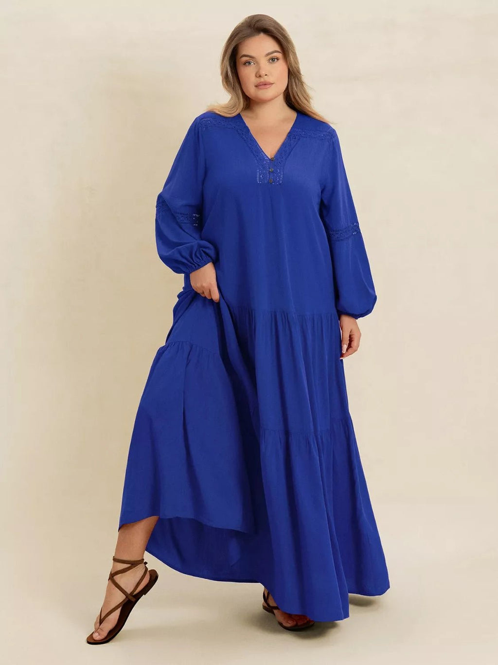 Plus Size Bohemian Tiered Maxi Dress with Balloon Sleeves