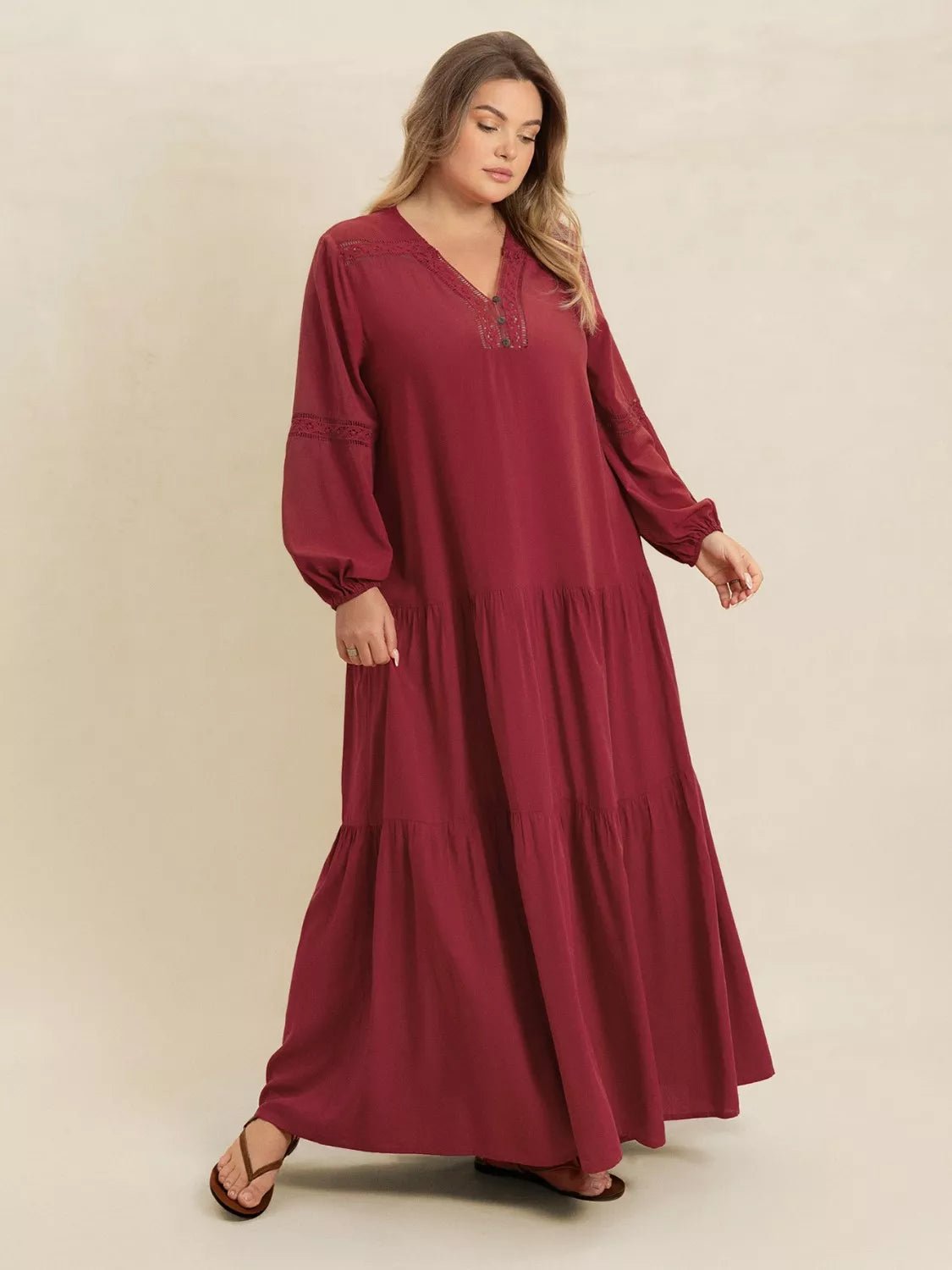 Plus Size Bohemian Tiered Maxi Dress with Balloon Sleeves.