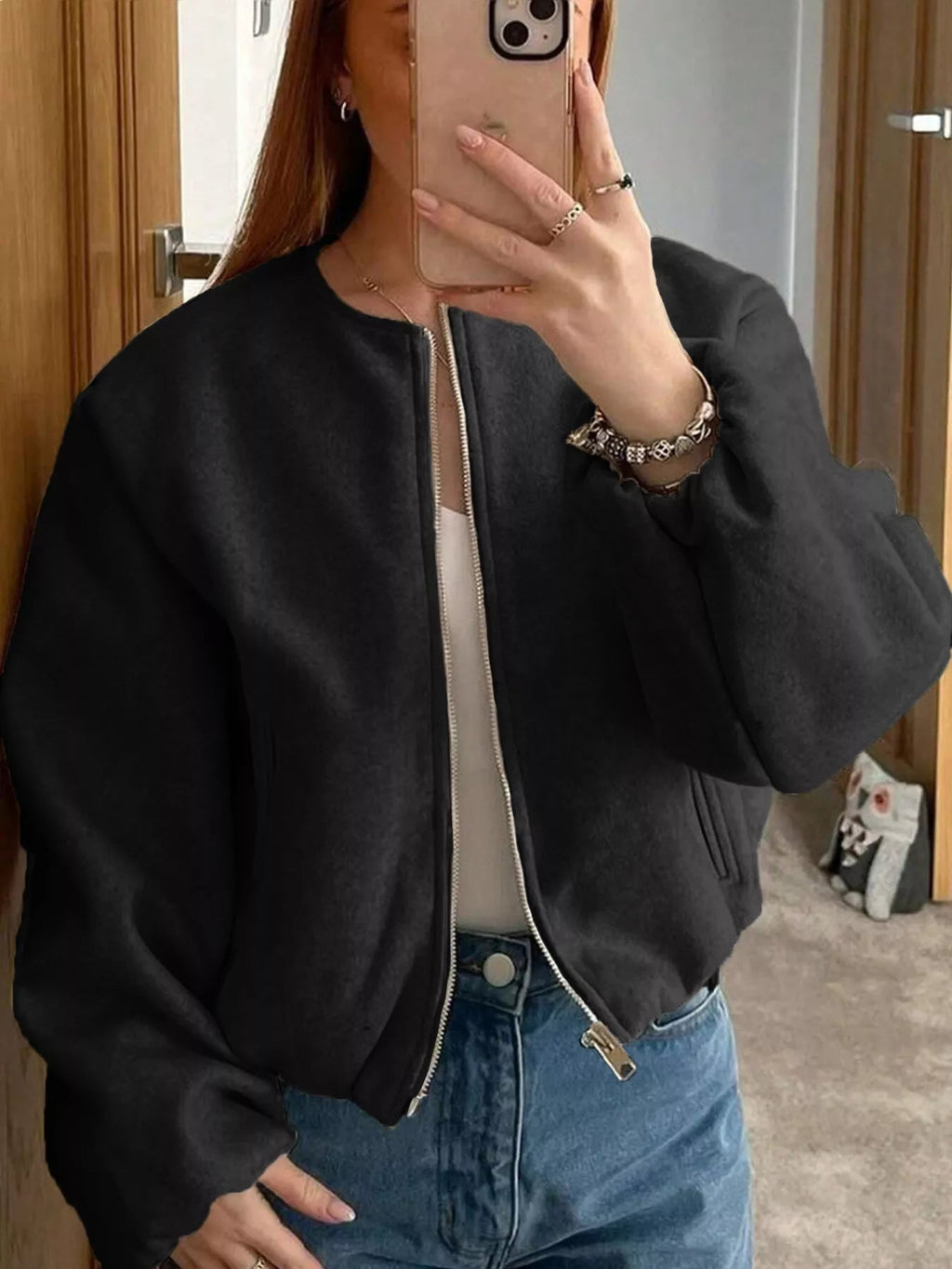 Plus Size Casual Fleece Zip-Up Bomber Jacket.