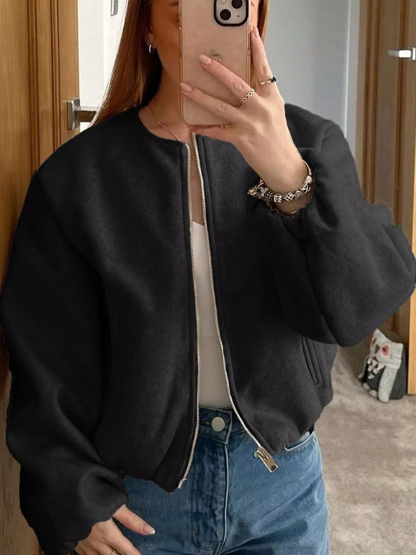 Plus Size Casual Fleece Zip-Up Bomber Jacket.