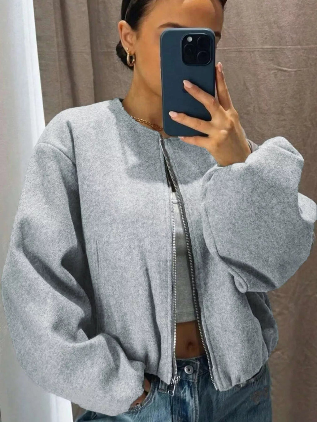 Plus Size Casual Fleece Zip-Up Bomber Jacket.