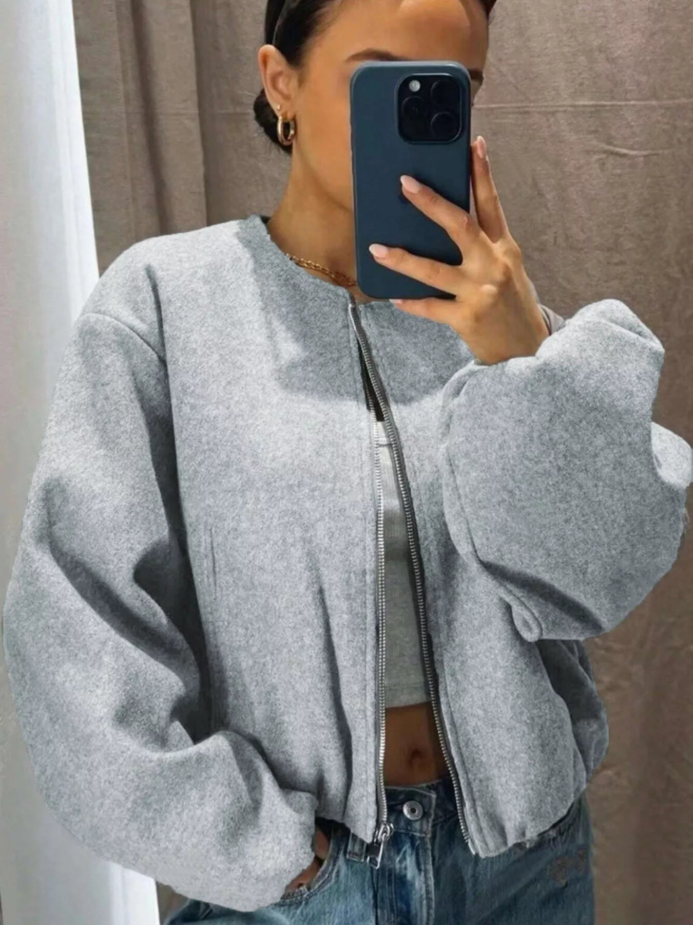 Plus Size Casual Fleece Zip-Up Bomber Jacket.