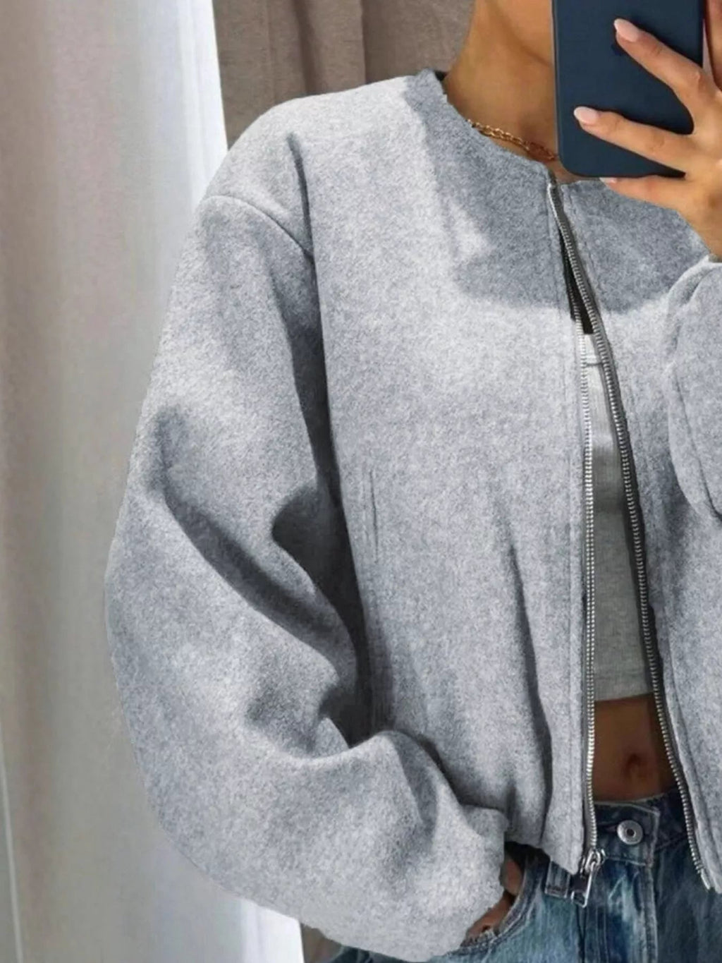 Plus Size Casual Fleece Zip-Up Bomber Jacket.