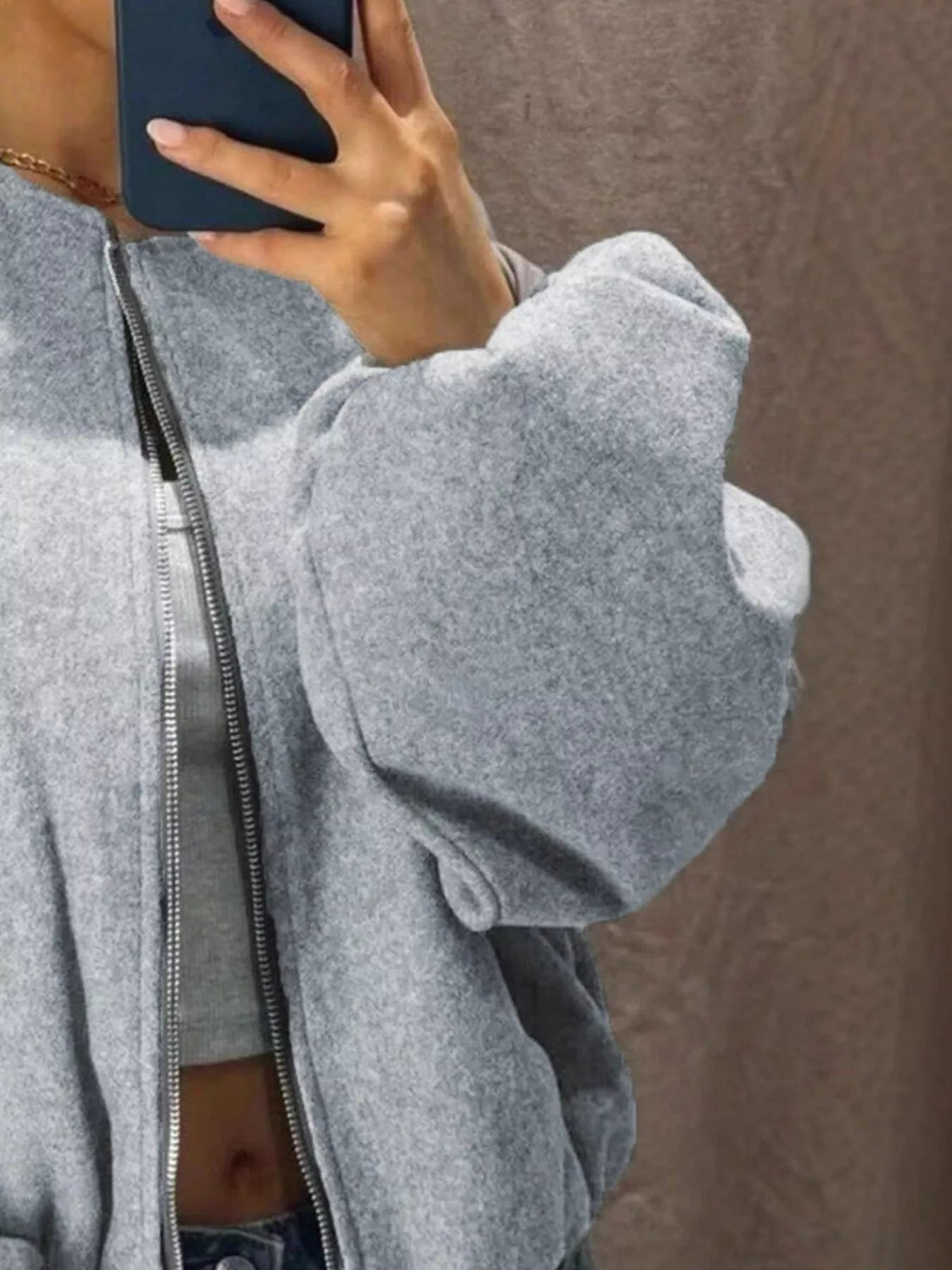 Plus Size Casual Fleece Zip-Up Bomber Jacket.