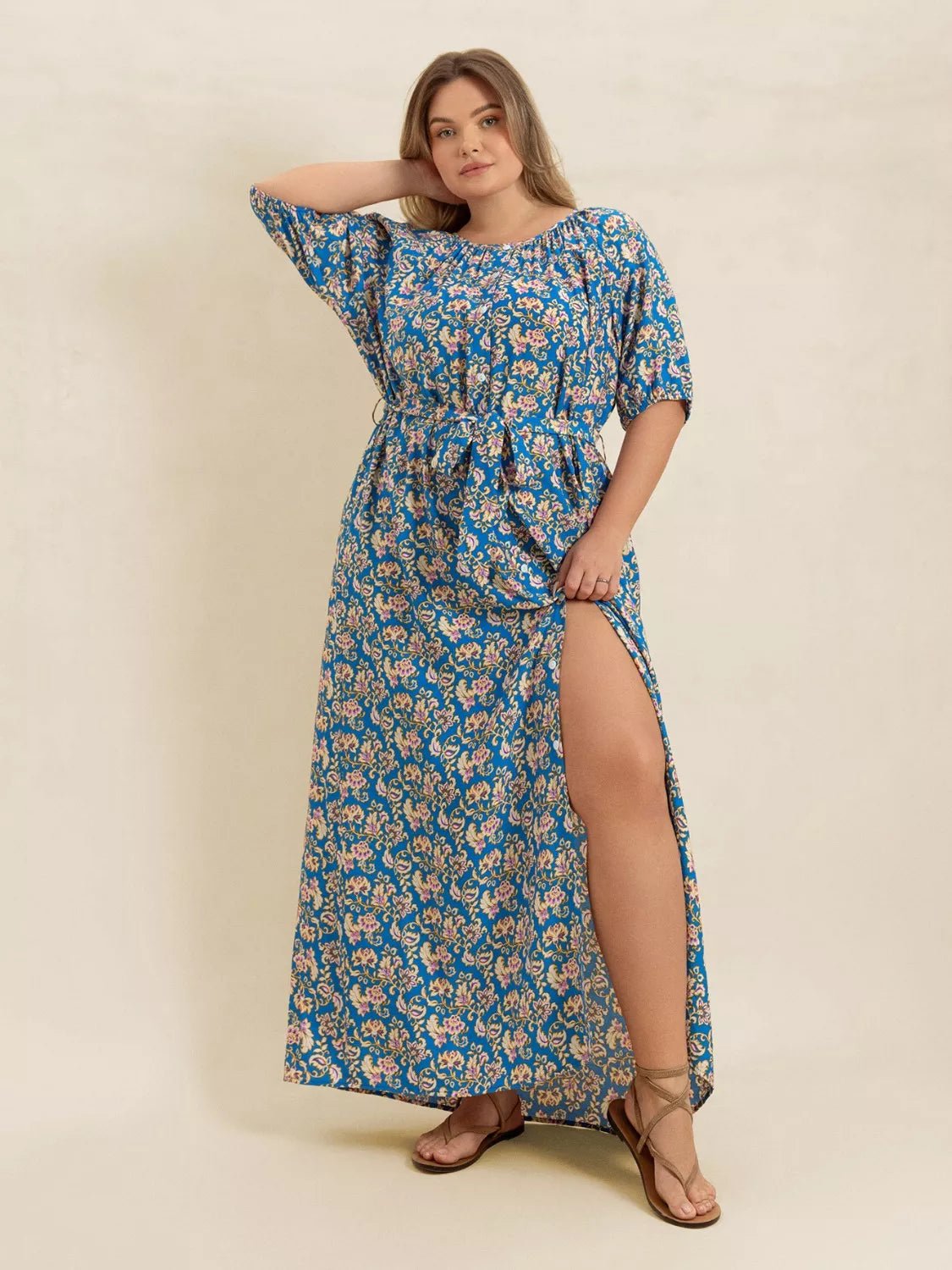 Plus Size Floral Print Maxi Dress with Side Slit.