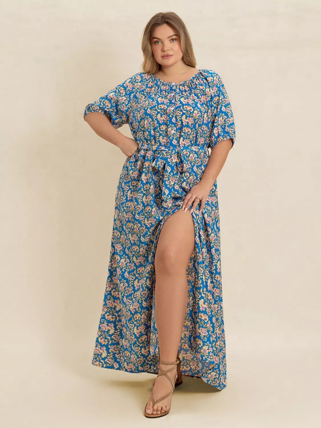 Plus Size Floral Print Maxi Dress with Side Slit.