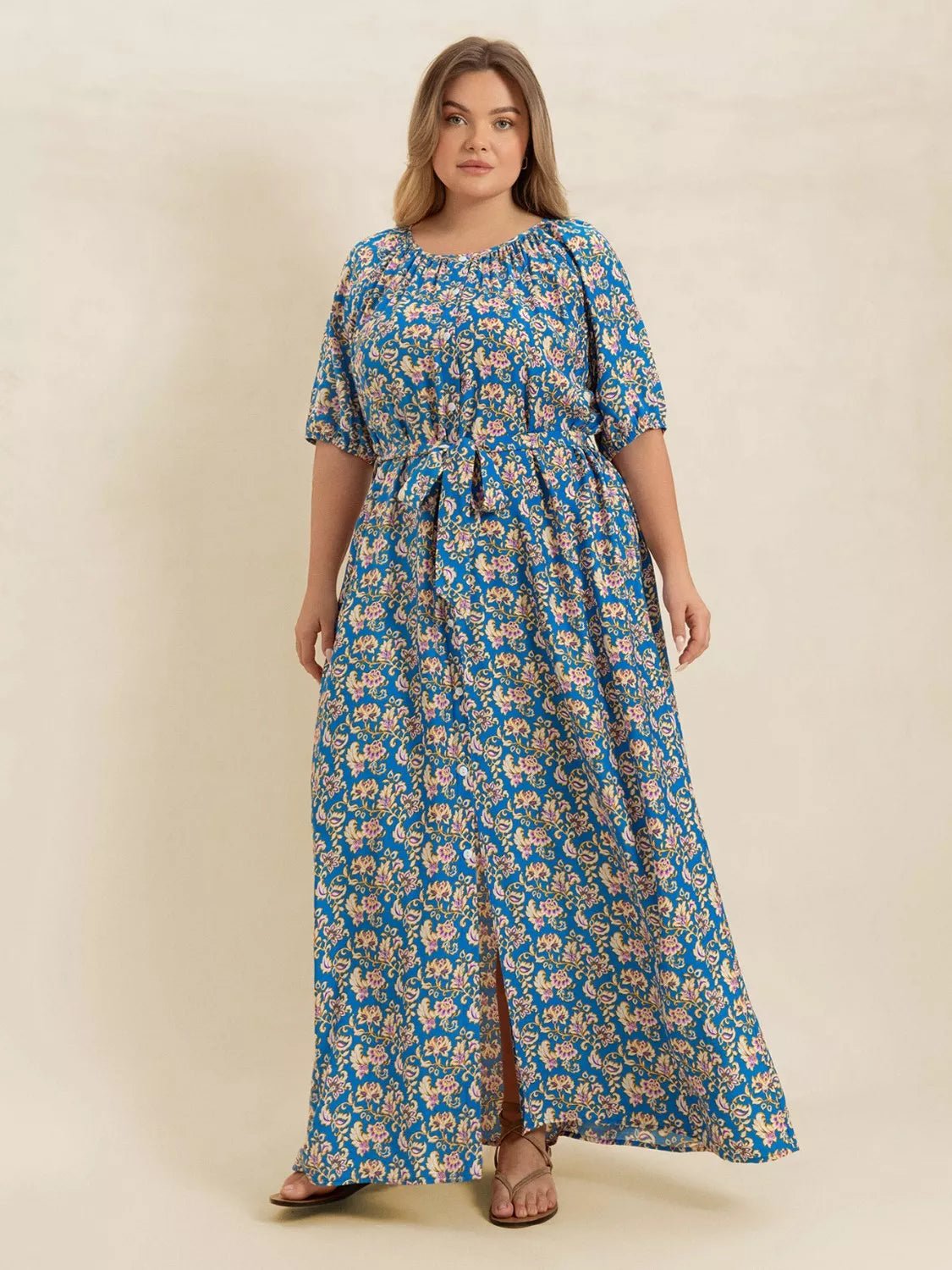 Plus Size Floral Print Maxi Dress with Side Slit.