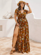 Plus Size Floral V-Neck Short Sleeve Dress.