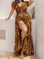Plus Size Floral V-Neck Short Sleeve Dress.