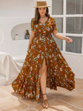 Plus Size Floral V-Neck Short Sleeve Dress.
