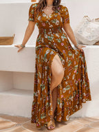 Plus Size Floral V-Neck Short Sleeve Dress.