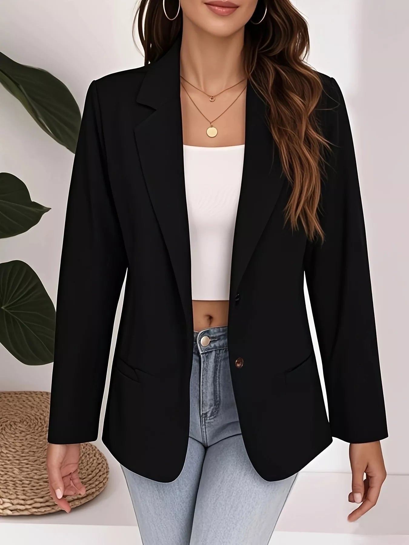 Plus Size Lapel Collar Single-Button Blazer.