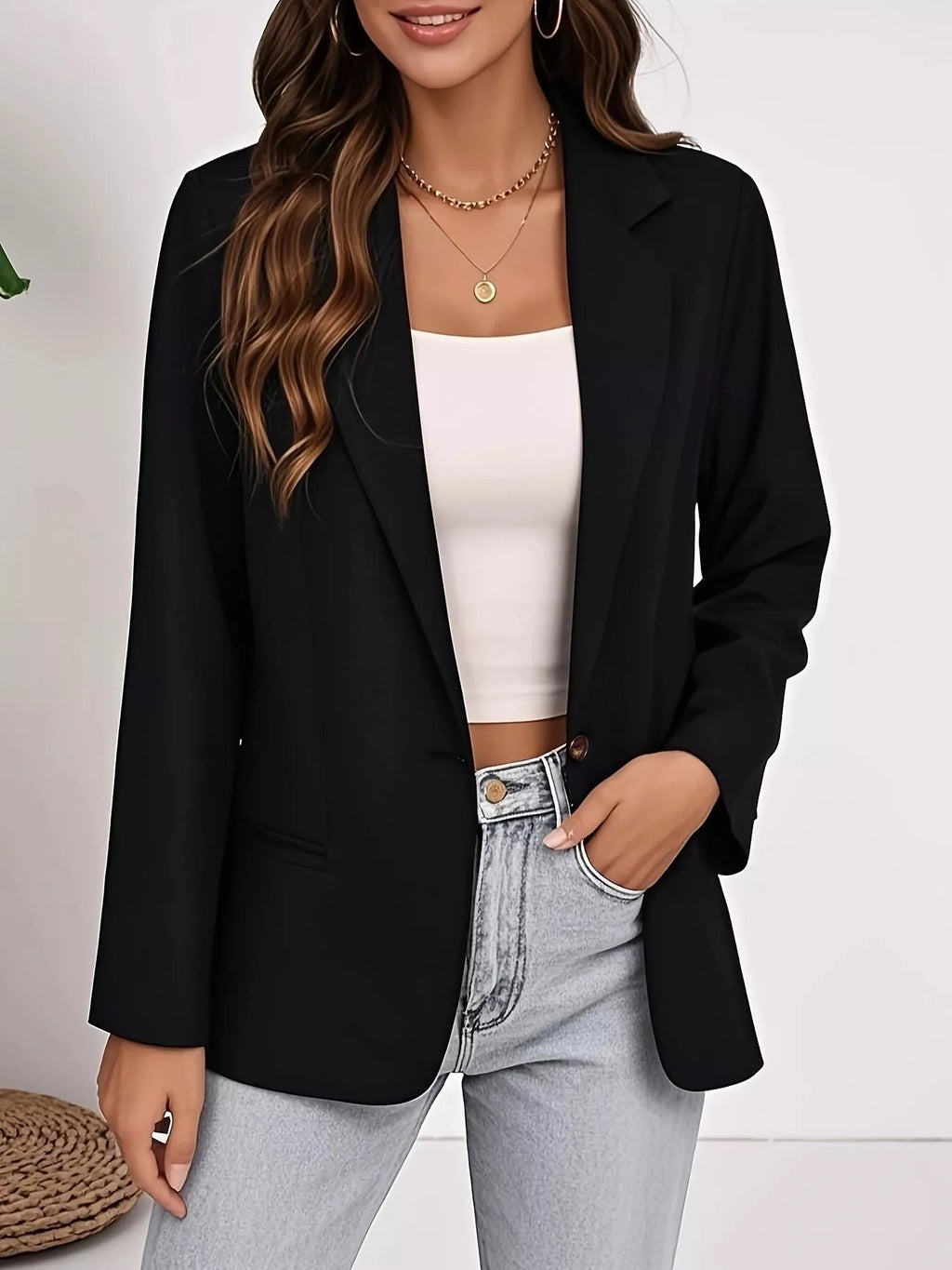 Plus Size Lapel Collar Single-Button Blazer.