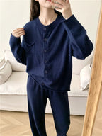 Pocketed Round Neck Button Up Cardigan and Pants Sweater Set.