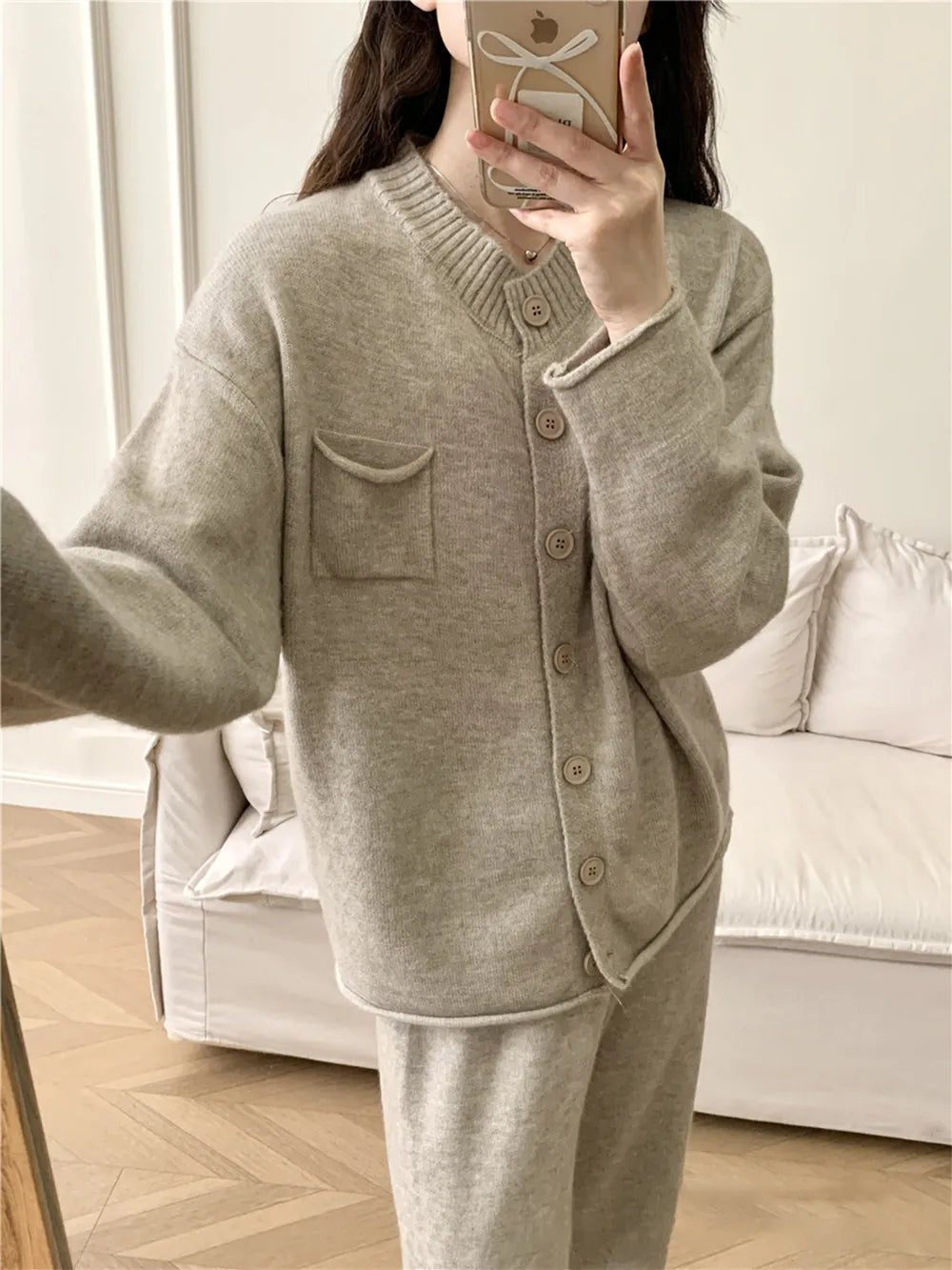 Pocketed Round Neck Button Up Cardigan and Pants Sweater Set.
