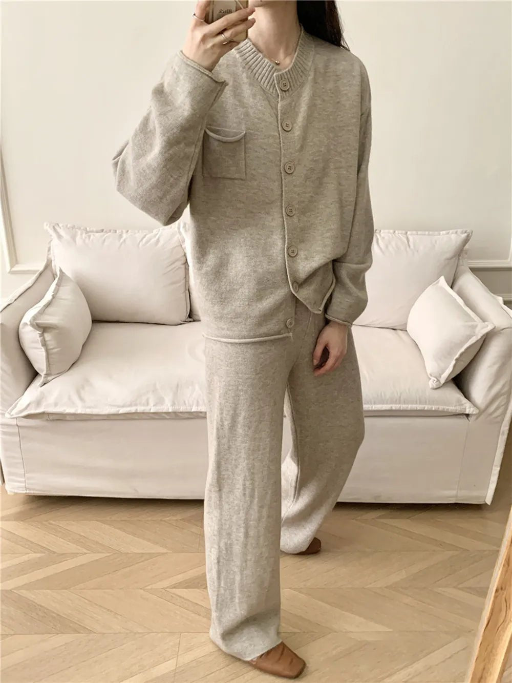 Pocketed Round Neck Button Up Cardigan and Pants Sweater Set.
